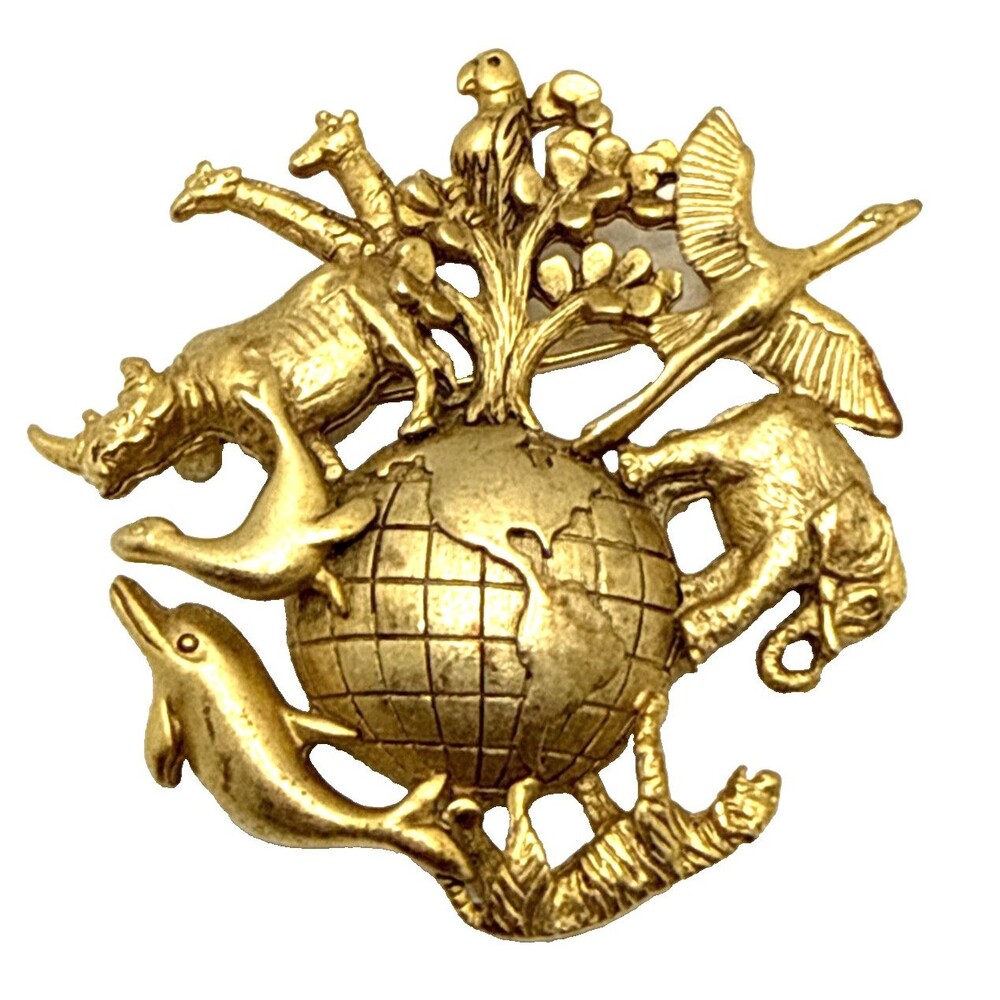 Vintage AJC Animals Around the World Brooch Brushed Gold Tone Statement Pin 2"